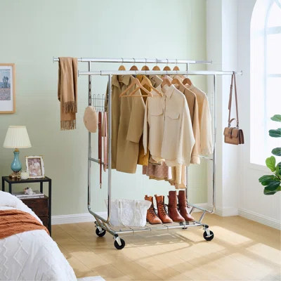 Double Clothing Garment Rack With Shelves Capacity 800Lbs Clothing Racks On Wheels Rolling Clothes Rack For Hanging Clothes Heavy Duty Portable Collap | Wayfair North America