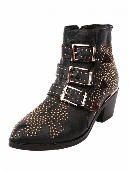 Black Pointed Stud Buckle Strap Ankle Boots | choies