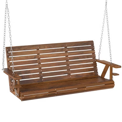 Outsunny Wooden Porch Swing 3-Seater, 5 FT Outdoor Patio Swing Bench with Cupholders, Carbonized | Target