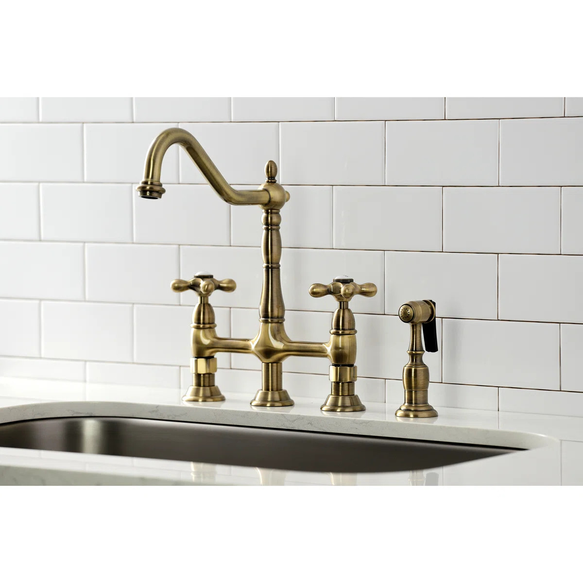 Kingston Brass Heritage Two-Handle 4-Hole Deck Mount Bridge Kitchen Faucet with Brass Side Spraye... | Wayfair North America