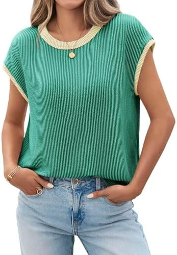 Tankaneo Womens Summer Color Block T-Shirts Cap Sleeve Textured Ribbed Knit Tees Casual Ringer Cr... | Amazon (US)