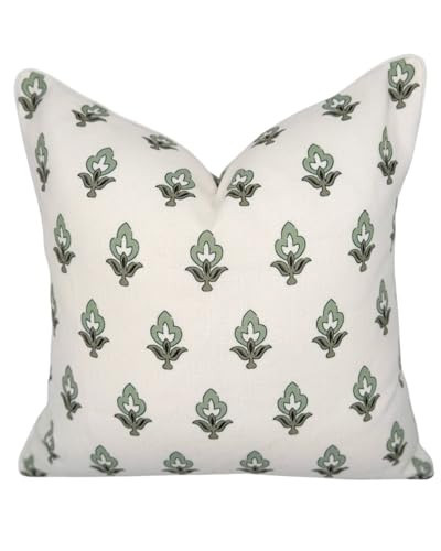 Jillien Harbor “The Poppy” Floral Block Print Pillow Cover – Green Leaf Decorative Festive Throw Pillow Cover with White Background – Grandmillennial Home Decor, 20" x 20" | Amazon (US)