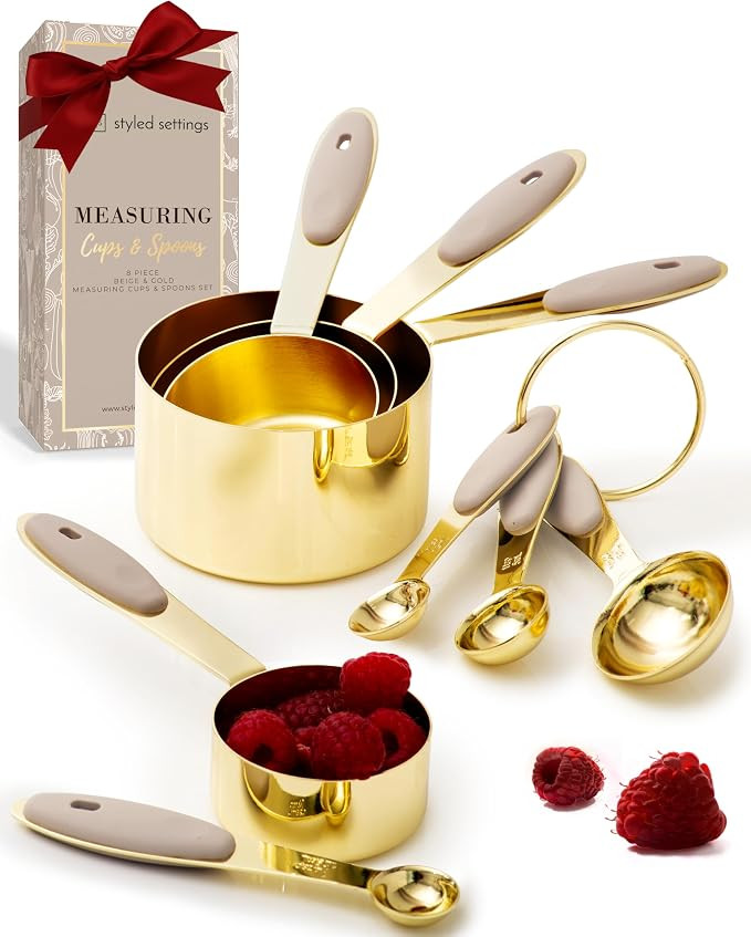 Gold Measuring Cups and Spoons Set – 8-Piece Brass Measuring Set with Beige Silicone Handles fo... | Amazon (US)