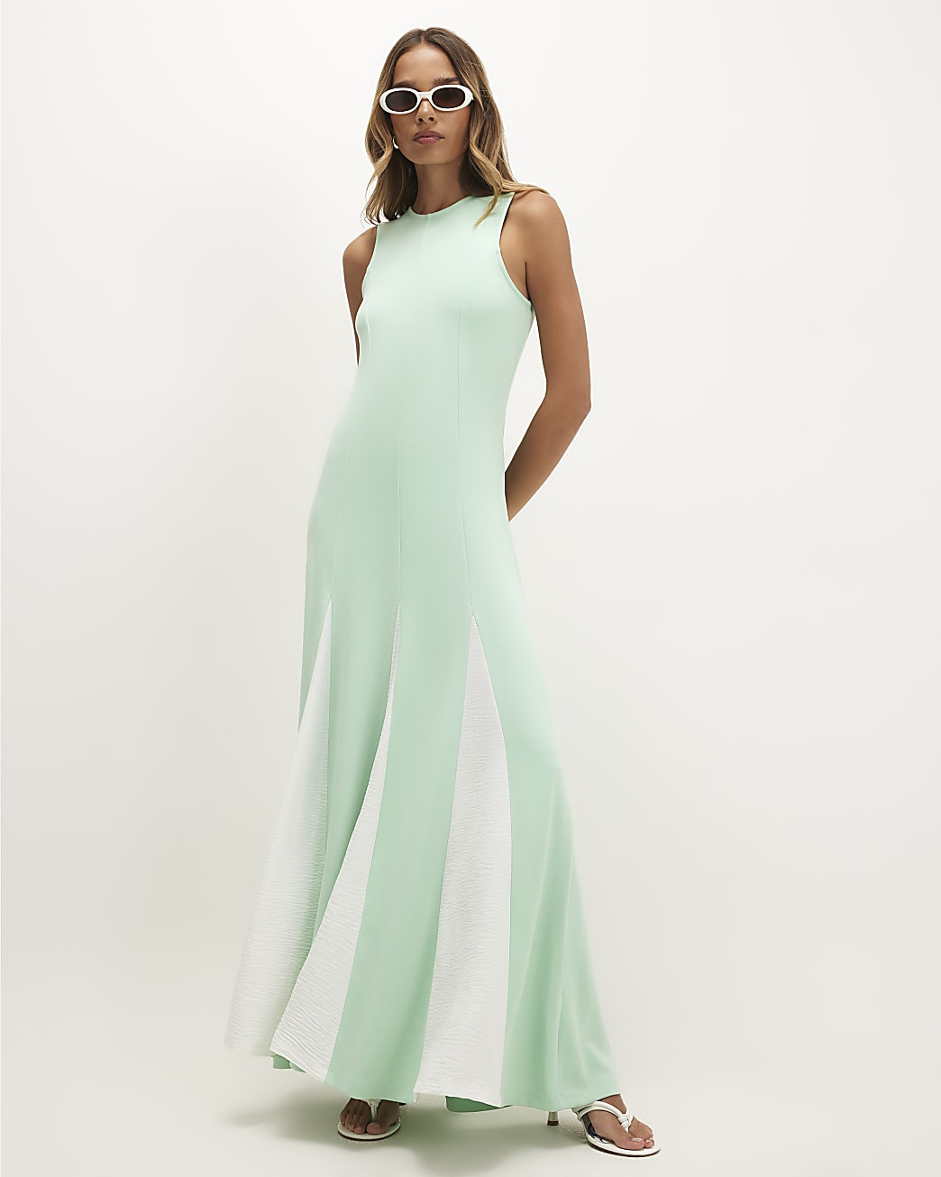 Green Contrast Godet Maxi Dress | River Island UK & IE
