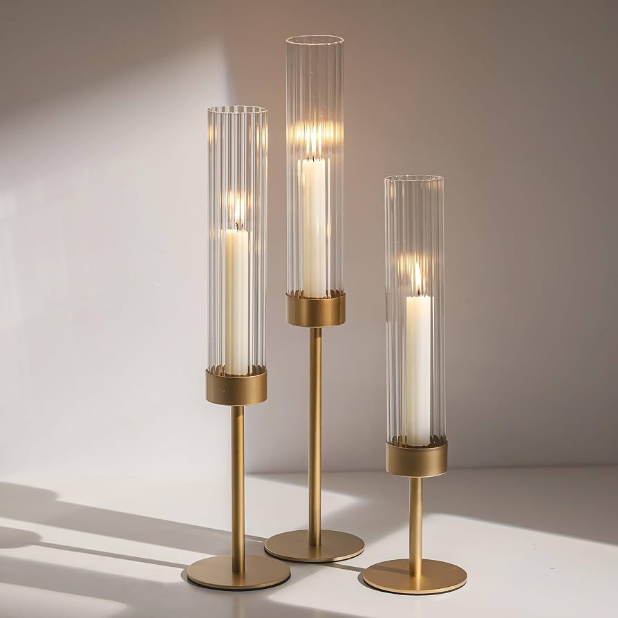 Glasseam Gold Hurricane Taper Candle Holders, 3 Pcs Candlestick with Glass | Amazon (US)
