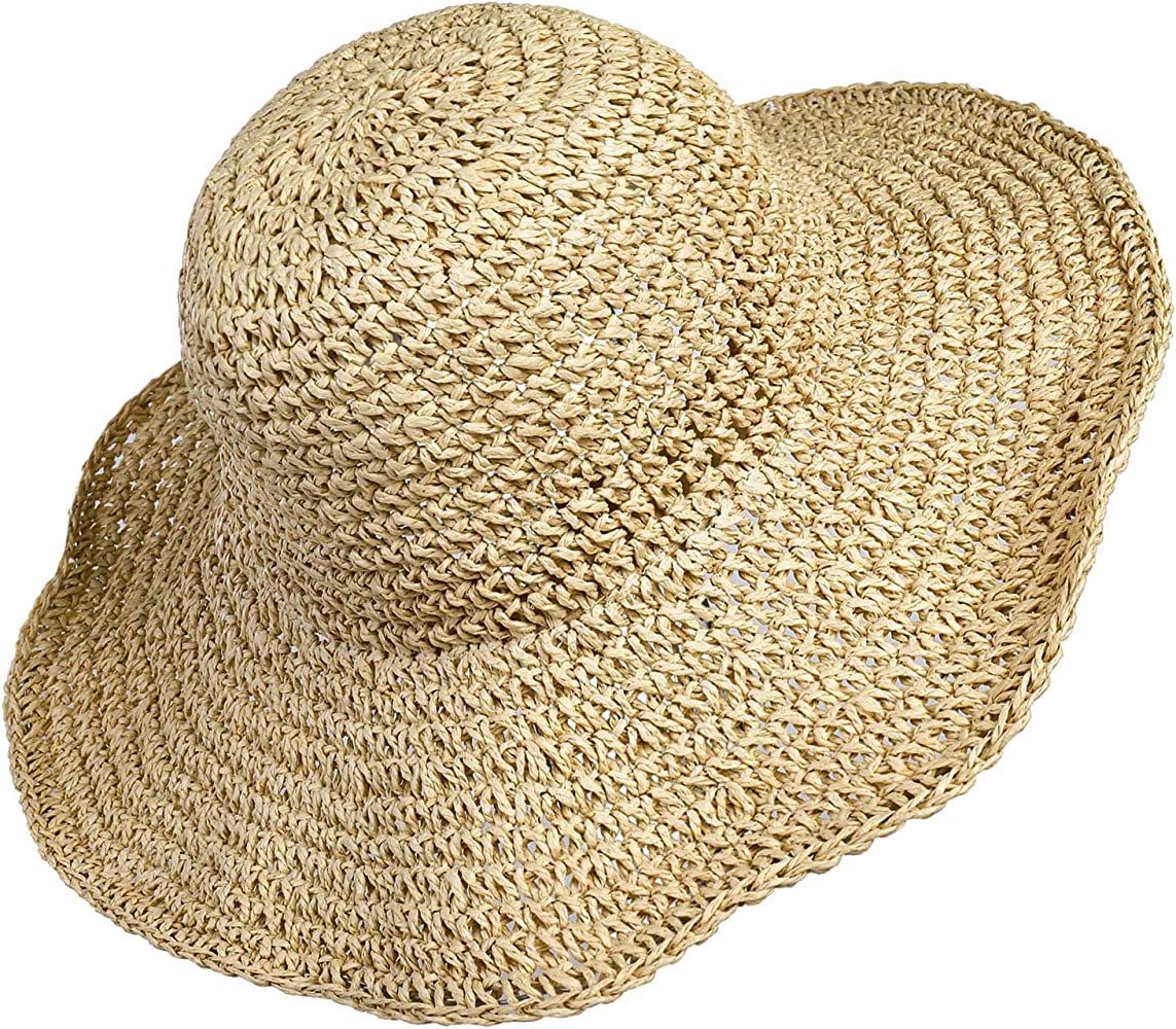 Women Straw Hat Wide Brim Beach Sun Cap Foldable Large Lady Floppy 100% Natural Paper Braided for Tr | Amazon (US)