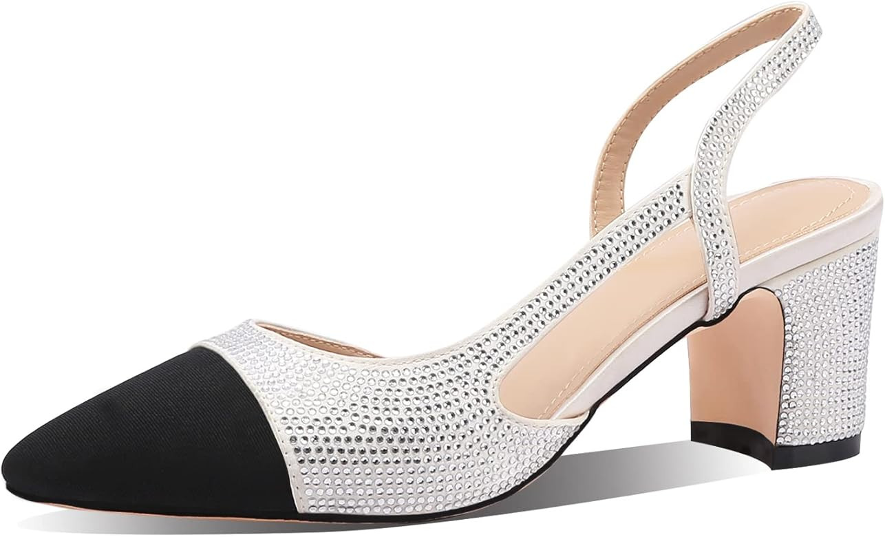 Diolyvion Women's Slingback Pumps Rhinestone Embellished Round Toe Chunky Heel Two Tones Wedding ... | Amazon (US)