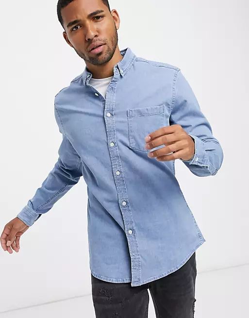 ASOS DESIGN stretch slim denim shirt in bleach wash | ASOS (Global)