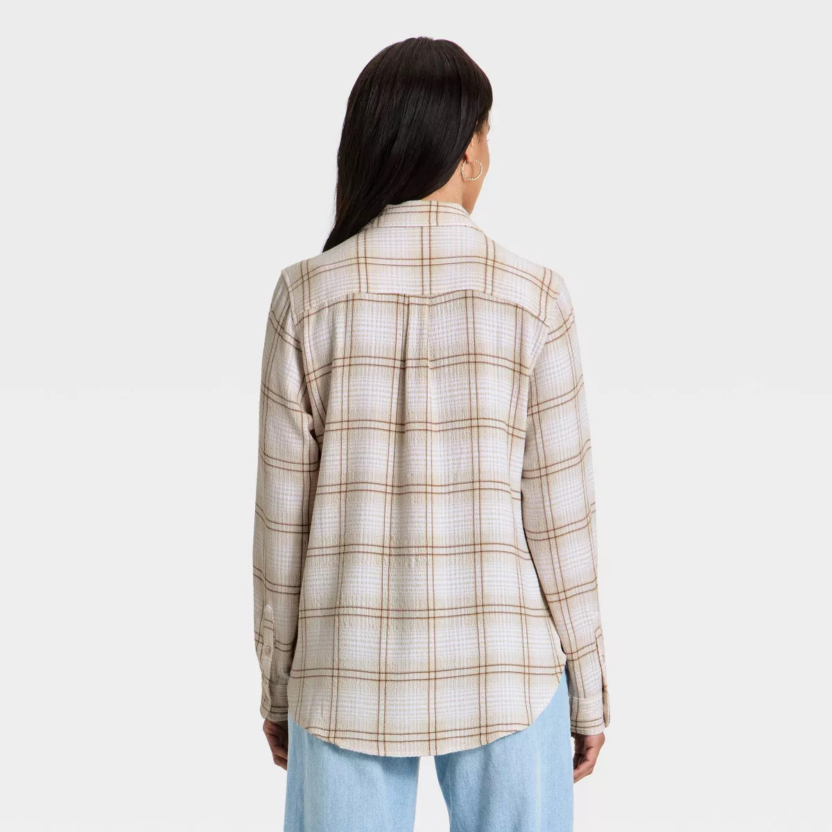 Women's Long Sleeve Collar Button-Down Shirt - Universal Thread\u2122 Cream Plaid XS | Target