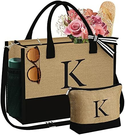YOOLIFE Personalized Gifts for Women - Initial Jute Tote Bag & Makeup Bag, Birthday Gifts for Wom... | Amazon (US)