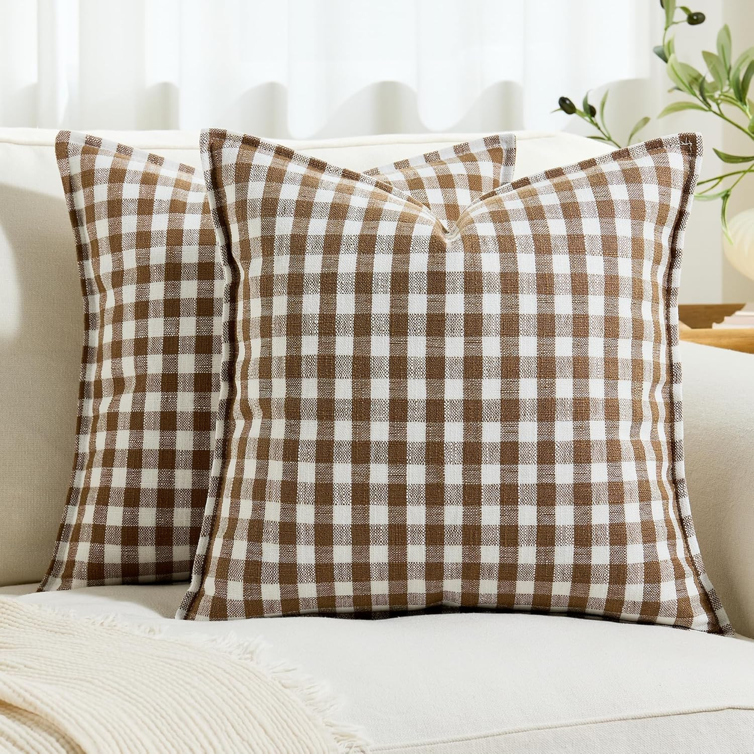 KINDREX Farmhouse Gingham Throw Pillow Covers 18x18 Set of 2, Small Checkered Linen-Textured Cush... | Amazon (US)