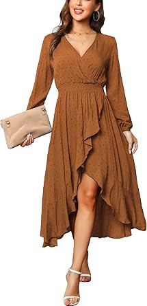 Kormei Women V Neck High Low Flowy Boho Dots Long Sleeve Party Long Maxi Dress | Amazon (US)