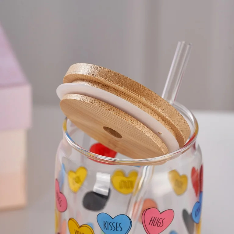 Mainstays Glass 20 oz Can Sipper Colorful Heart Conversation, 2 Pack | Walmart (US)