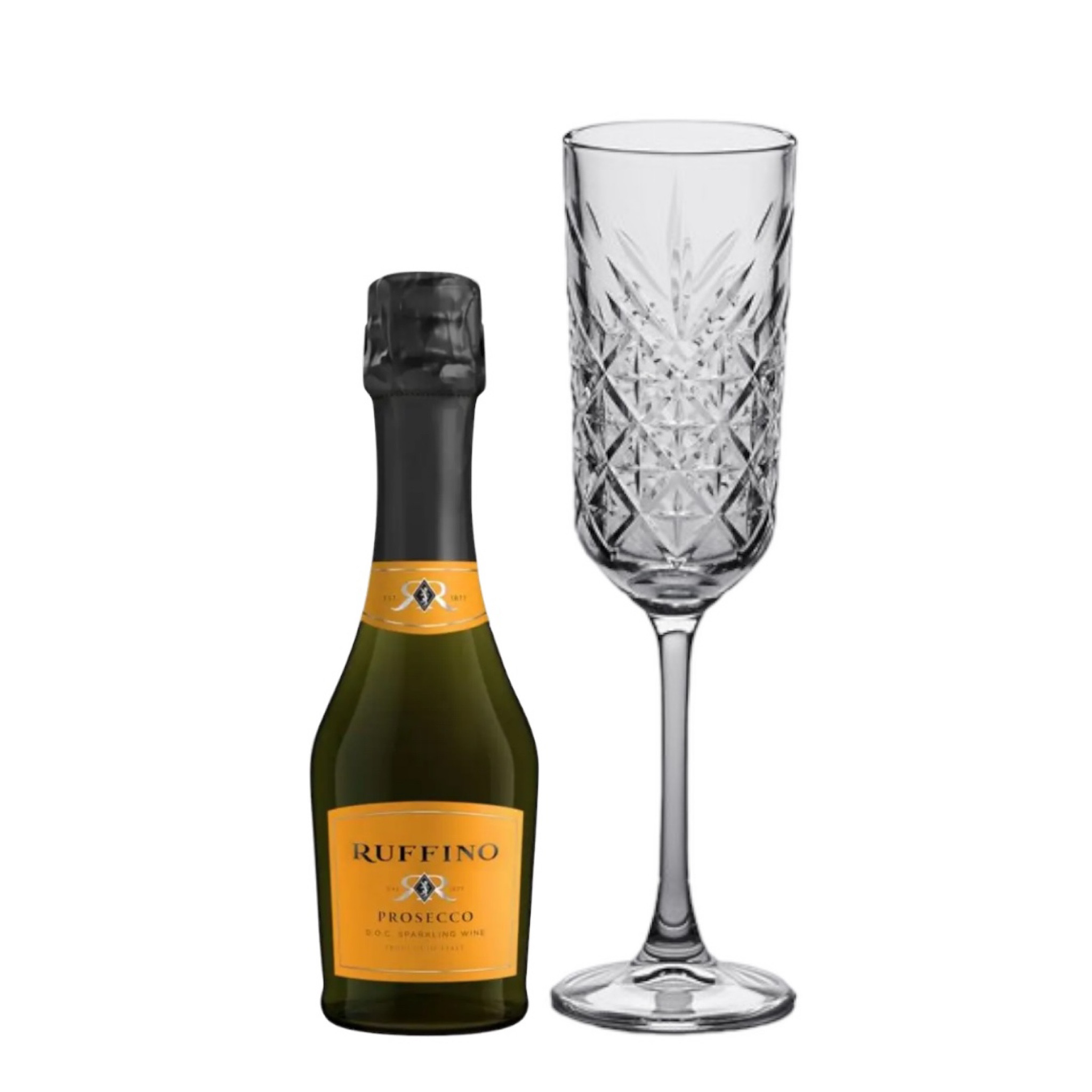 Vintage champagne flute & mini Prosecco bottle 