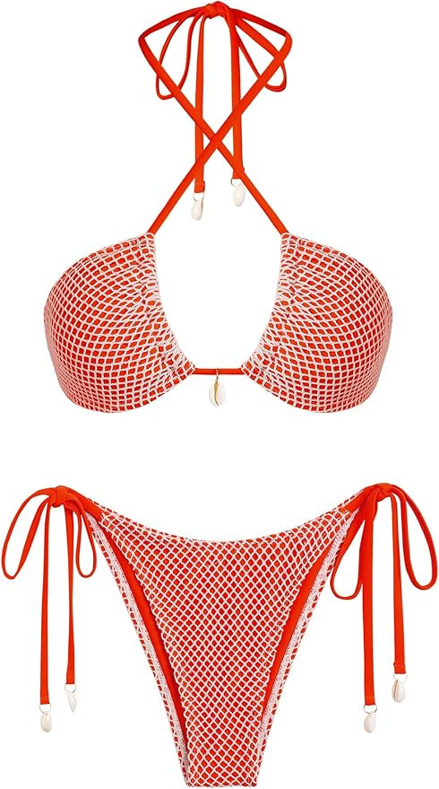 seamoly Women's Bikini Sets Halter Fishnet Shell Decorated Two Piece Swimsuit Sexy Side Tie Thong... | Amazon (US)