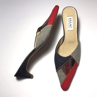 Vintage Isaac Mizrahi Y2K Denim Patchwork Stripe Kitten Heel Mules Size 8.5 | eBay US