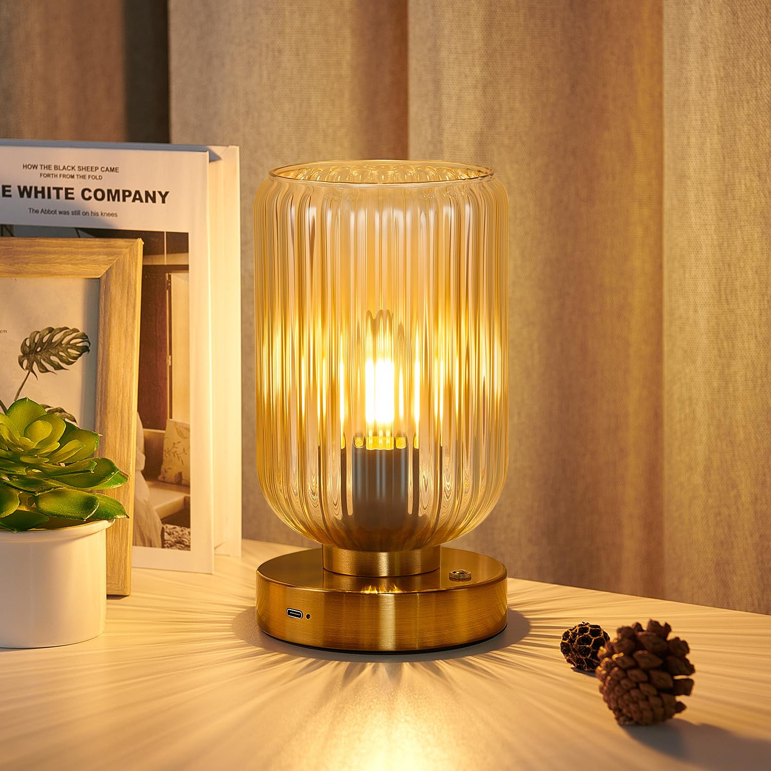 LightRound Table Lamp for Bedroom, Cordless Small Bedside Lamp, Touch Dimmable Rechargeable Lamp Battery Operated with Amber Glass Shades for Night Stands, Living Room, Desk, Bulb Included | Amazon (US)