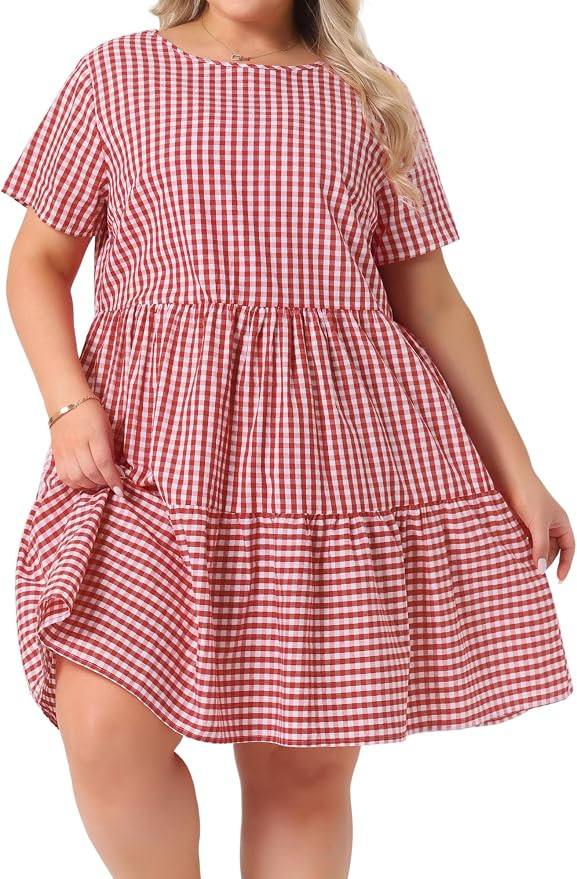 Agnes Orinda Plus Size Gingham Dresses 1950s Vintage Plaid Round Neck Short Sleeve Tiered Midi Su... | Amazon (US)