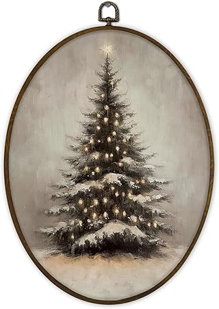 Gnmduw Vintage Christmas Tree Oval Wall Art Framed,Antique Farmhouse Winter Christmas Xmas Trees ... | Amazon (US)