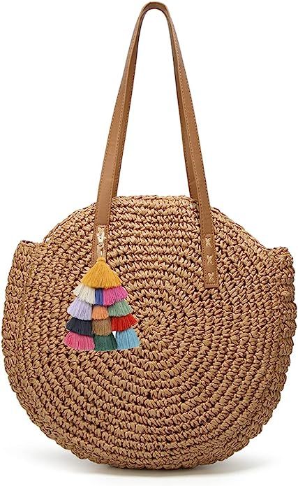 Straw Bag, Summer Beach Straw Bag For Women, Round Beach Straw Purse Large Capacity Woven Tote Ba... | Amazon (US)