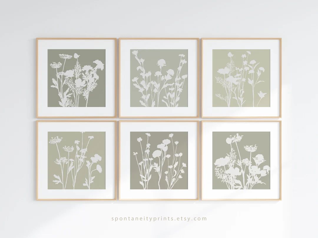 Sage Green Wild Flower Wall Art Prints Set, Simple Wildflower Gallery, Minimal Neutral Floral Art... | Etsy (US)