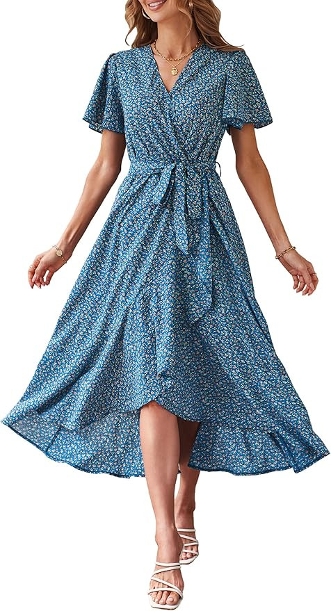 PRETTYGARDEN Women's Summer Floral Boho Maxi Dress Short Sleeve Wrap V Neck Ruffle Long Flowy Bea... | Amazon (US)