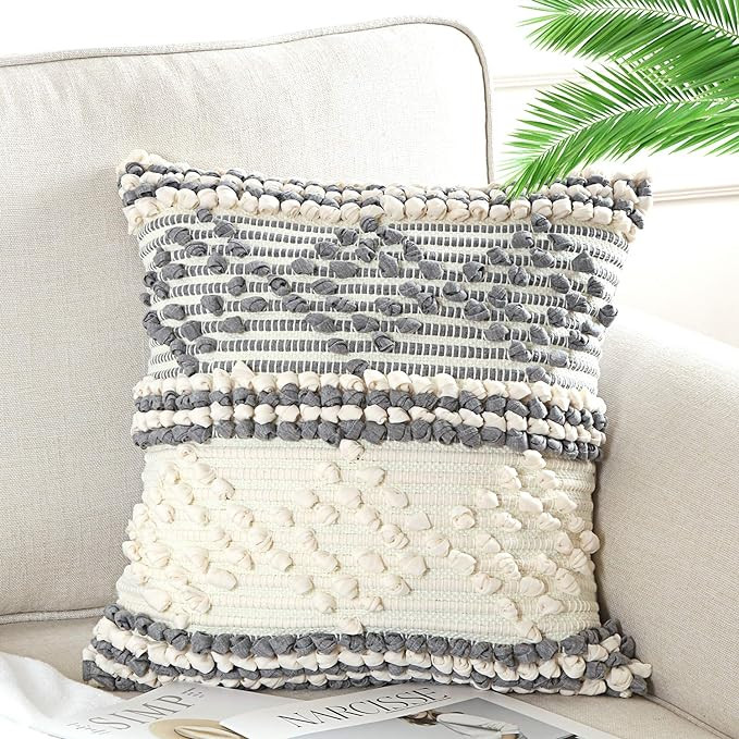 OJIA Diamond Raised Pom-poms Throw Pillow Cover, Geometric Pillow Cushion Case Textured Farmhouse... | Amazon (US)