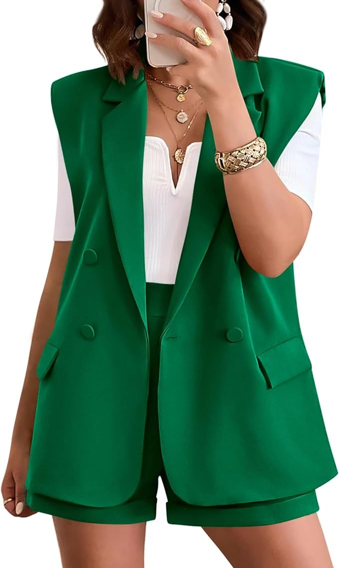KIRUNDO Womens Fashion Two Piece Outfits 2024 Summer Business Casual Sleeveless Blazer Vest Short... | Amazon (US)