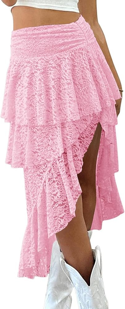 Yousify Womens Lace Midi Skirts High Waist Y2K Asymmetrical Layered Flowy Fairy Skirts Floral Bea... | Amazon (US)