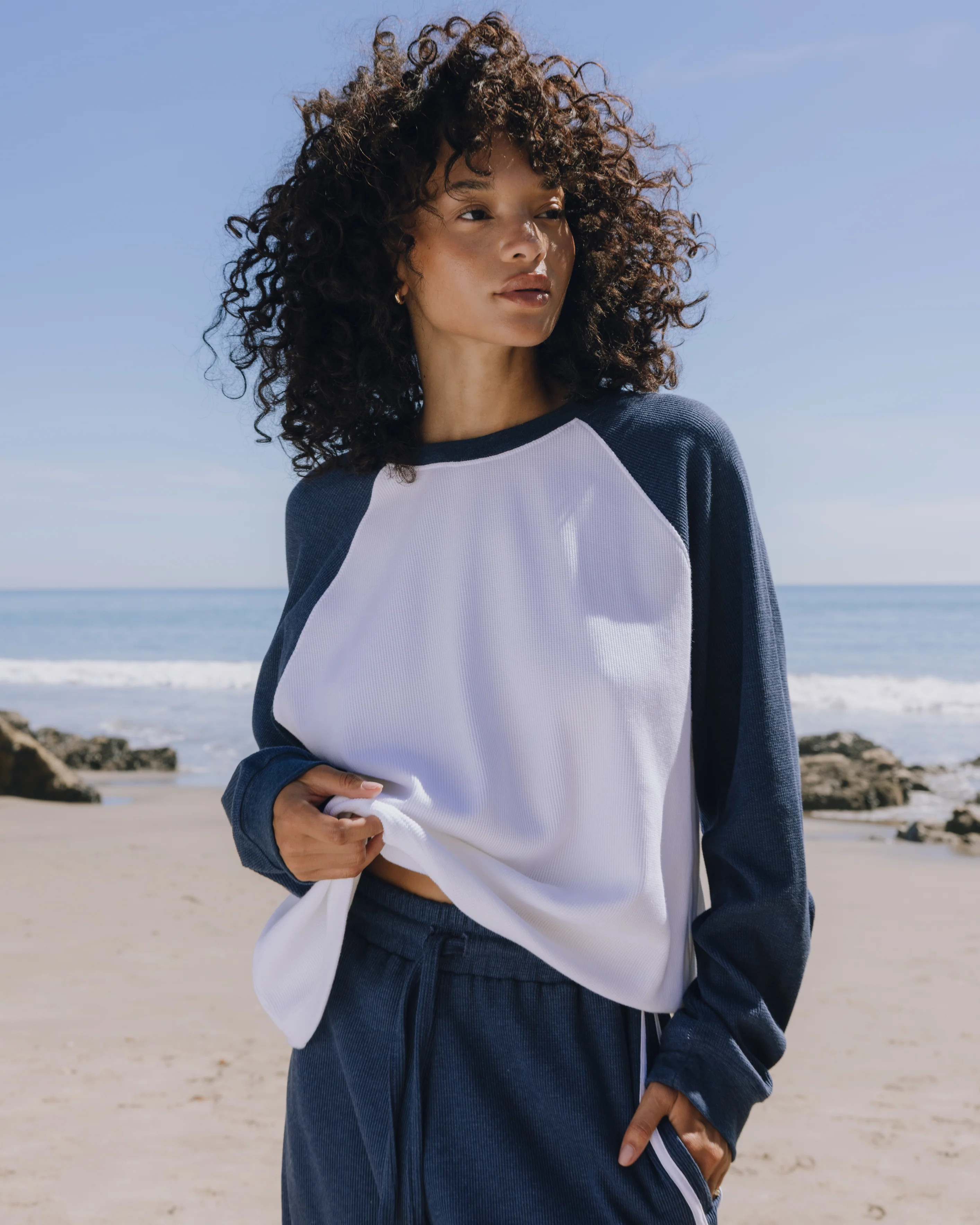 Oversized Raglan Thermal - Denim + White | Daily Drills LLC