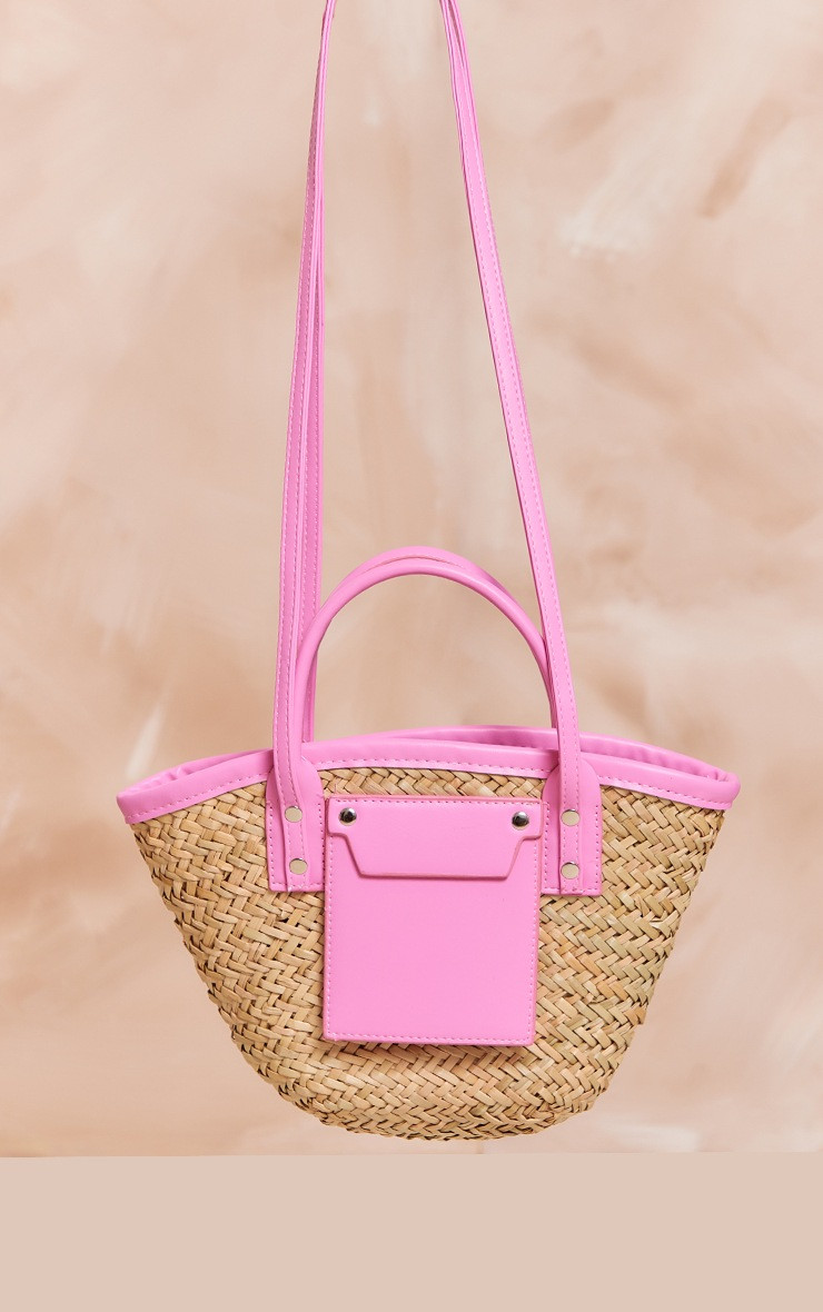 Pink PU Trim Straw Mini Beach Bag | PrettyLittleThing US