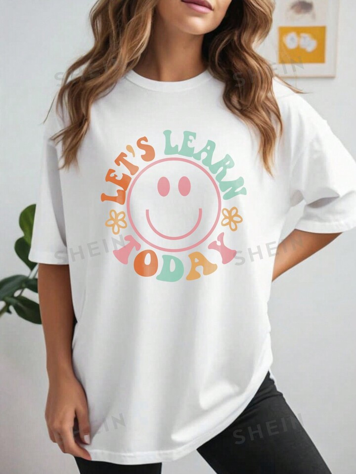 SHEIN EZwear Teacher's Day 'In My Teacher Era' Women's Loose Fit Short Sleeve T-Shirt, English Pr... | SHEIN