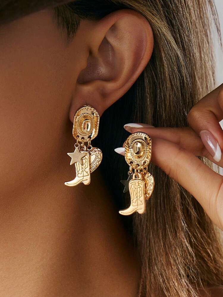 1 Pair Retro Western Cowboy Boots, Cowboy Hat, Heart Shaped Earrings, Suitable For Women's Daily ... | SHEIN