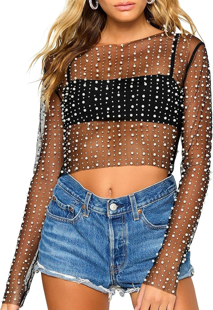 Cioatin Women Rhinestone Pearl Sheer Mesh Long Sleeve Sparkle Tops Y2K Sequin Beaded Crop Top Gli... | Amazon (US)