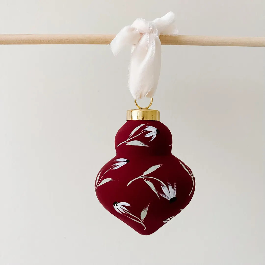 Hand Painted Ornament - Handmade Floral Ornament - Burgundy Ornament - Holiday Ceramic Ornament -... | Etsy (US)