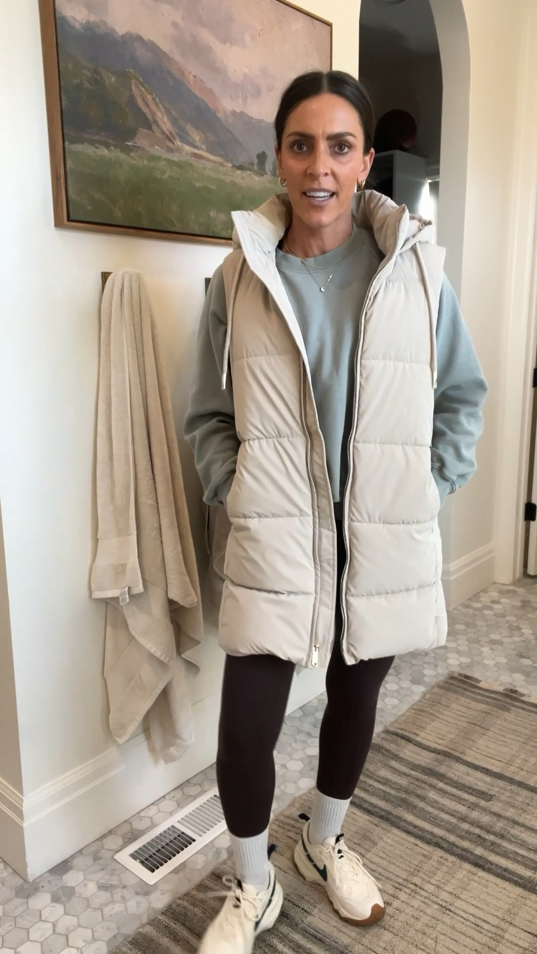 Mom outfit for Saturday sports. Long puffer vest in a neutral
Color. Butter soft yoga leggings that are just like Lululemon and vuori. Gap crew neck sweatshirt. Nike womens sneakers  

#LTKootd #LTKActive #LTKmomlife