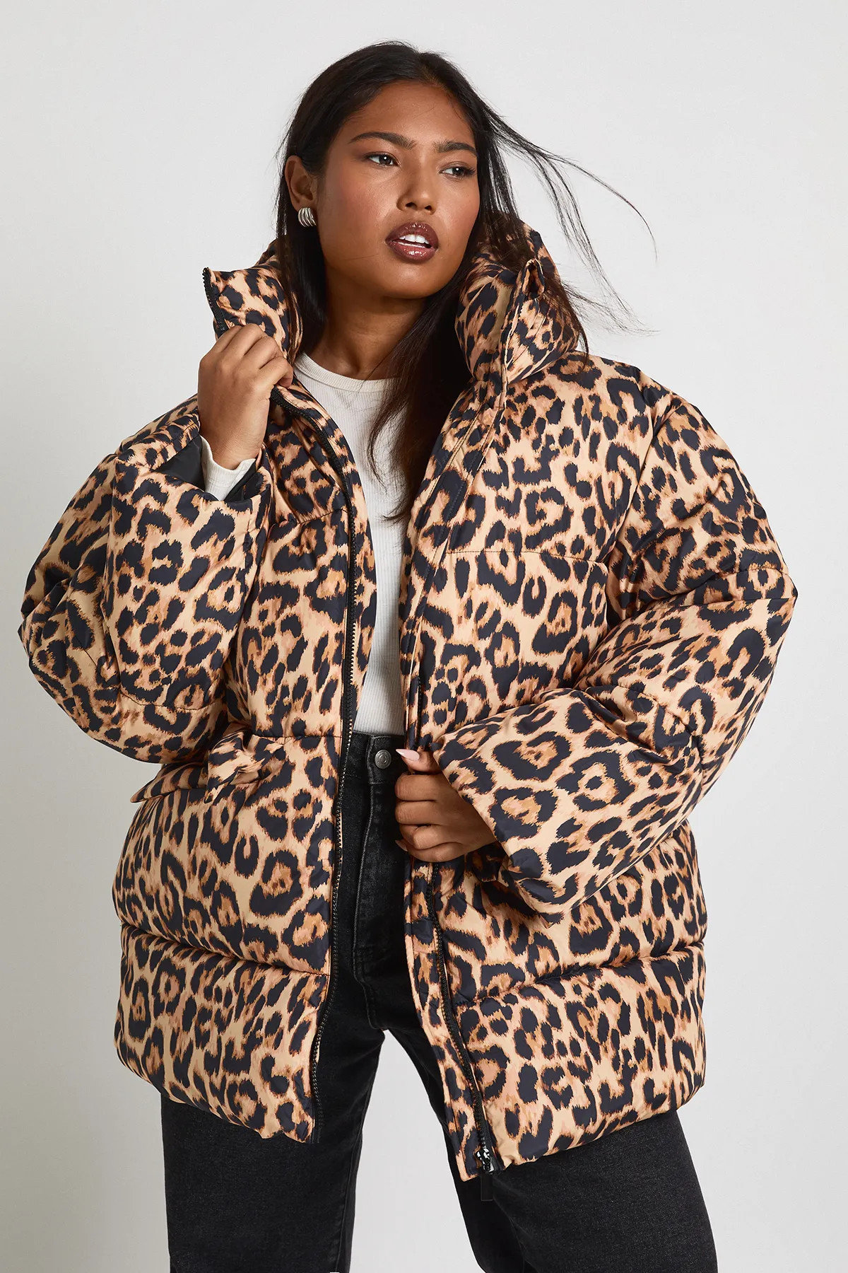 Jackets & Coats | Plus Leopard Print Oversized Puffer Jacket | boohoo | Debenhams UK