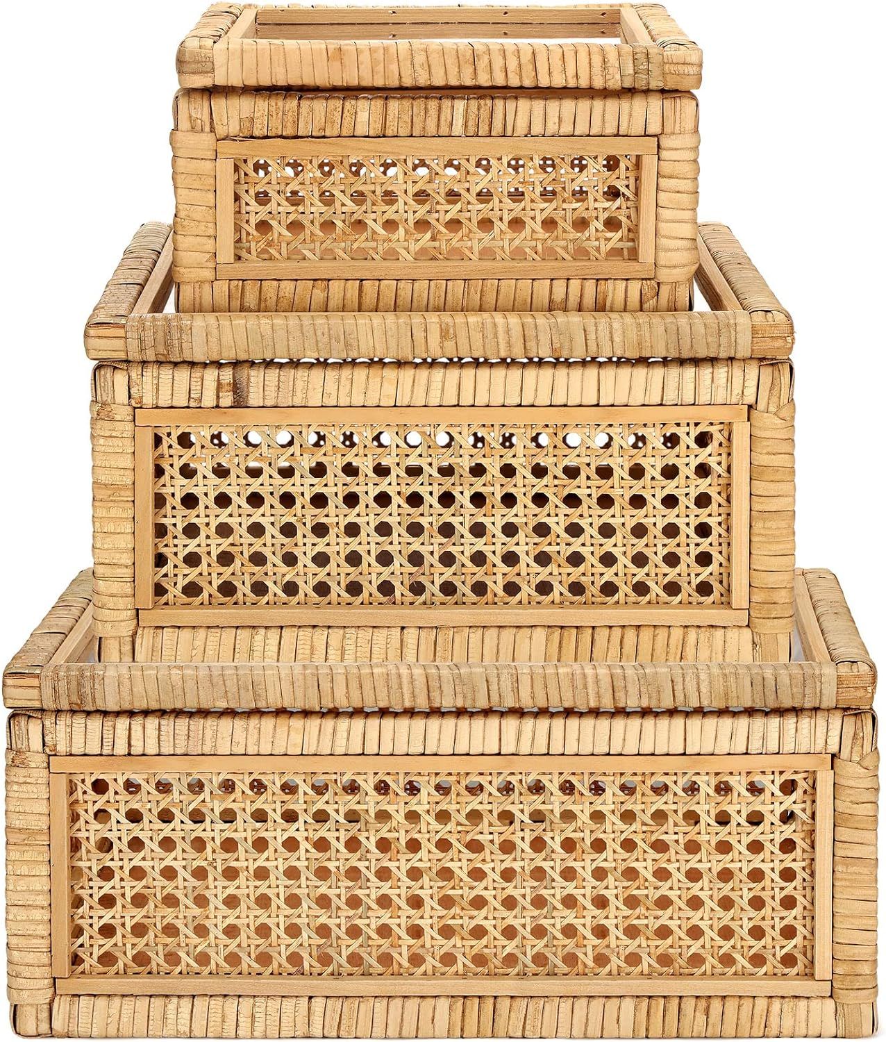 Set of 3 Boho Woven Cane and Rattan Display Boxes with Glass Lids, Large Rectangular Rattan Decor... | Amazon (US)