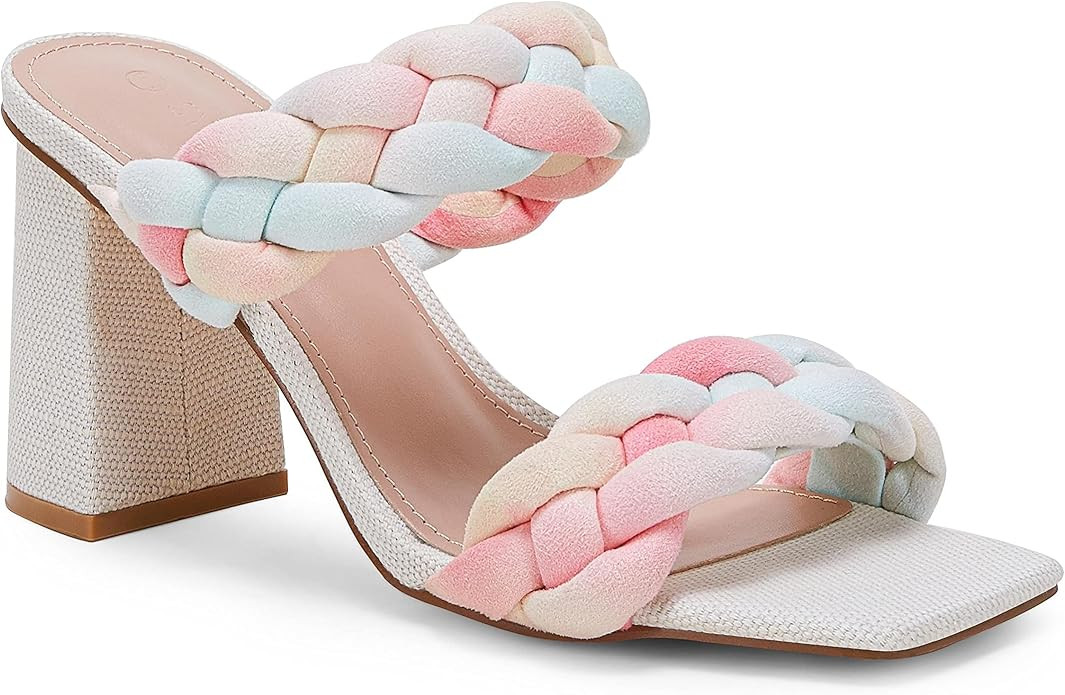 Syktkmx Womens Braided Heels Sandals Chunky Block Heel Double Strap Summer Dressy Sandal | Amazon (US)