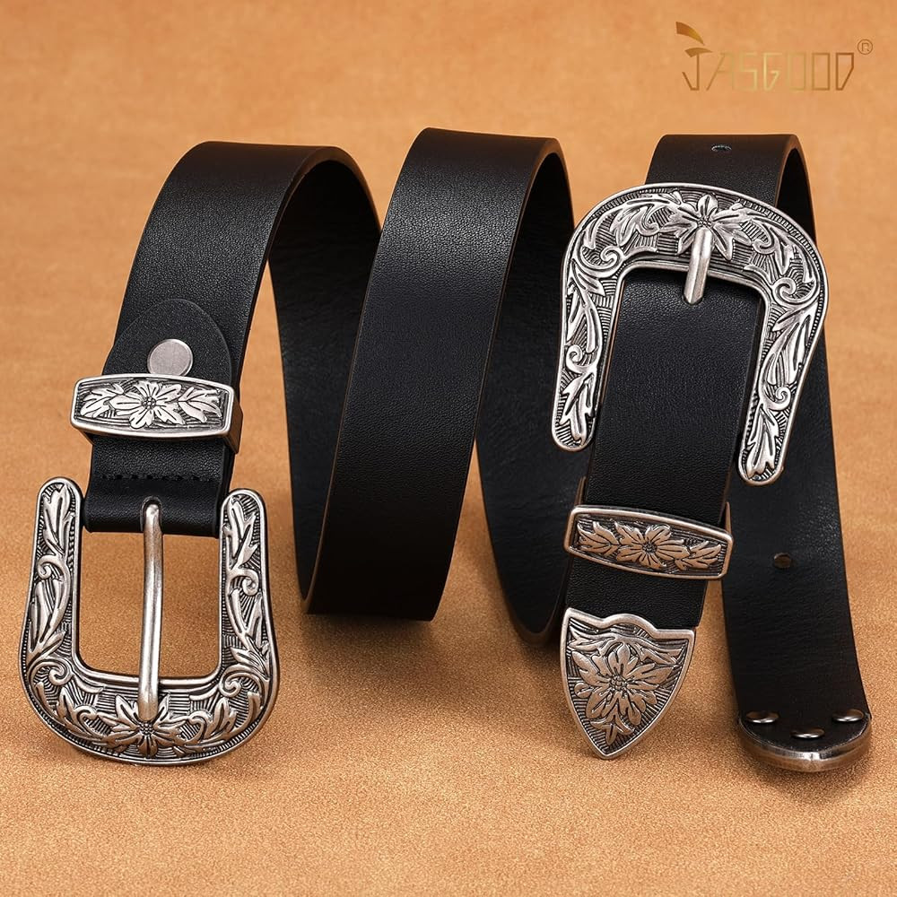 JASGOOD Double Buckle Western Belts For Woman Cowgirl Country Belt Vintage Black Leather Belt For... | Amazon (US)