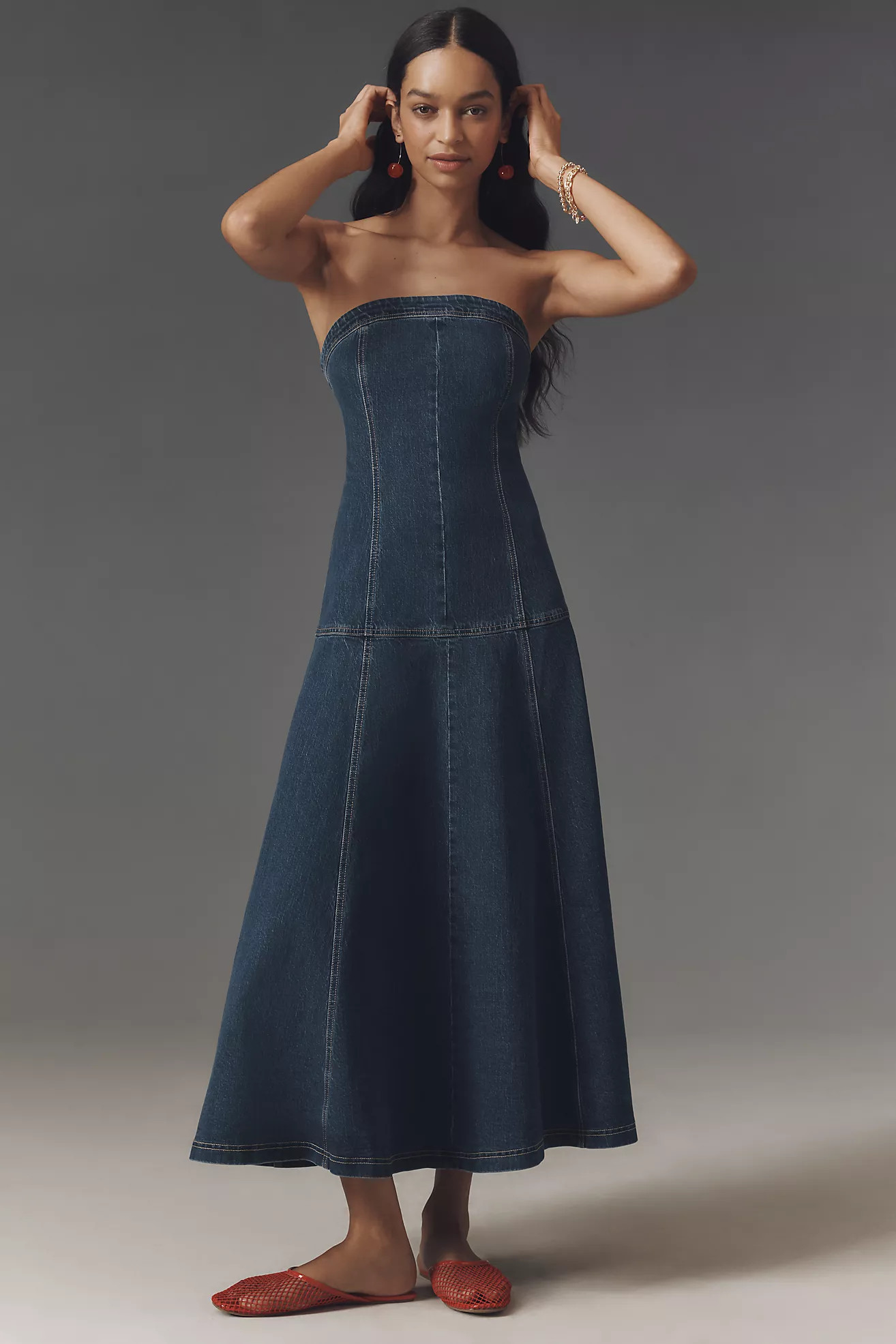 Pilcro Strapless Drop-Waist Denim Midi Dress | Anthropologie (US)