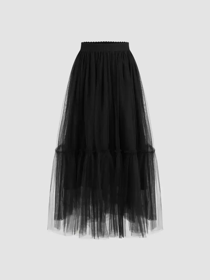 Voluminous Mesh Mid Rise Elastic Waist Lettuce Trim Tulle Maxi Skirt... | Cider