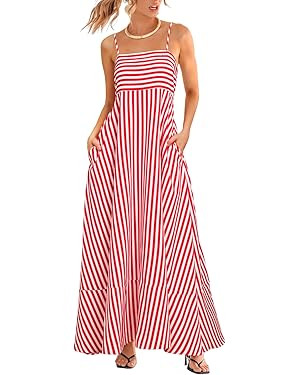 CUPSHE Womens Summer Maxi Dress Casual Sleeveless Square Neck Striped Beach Long Dress with Pocke... | Amazon (US)