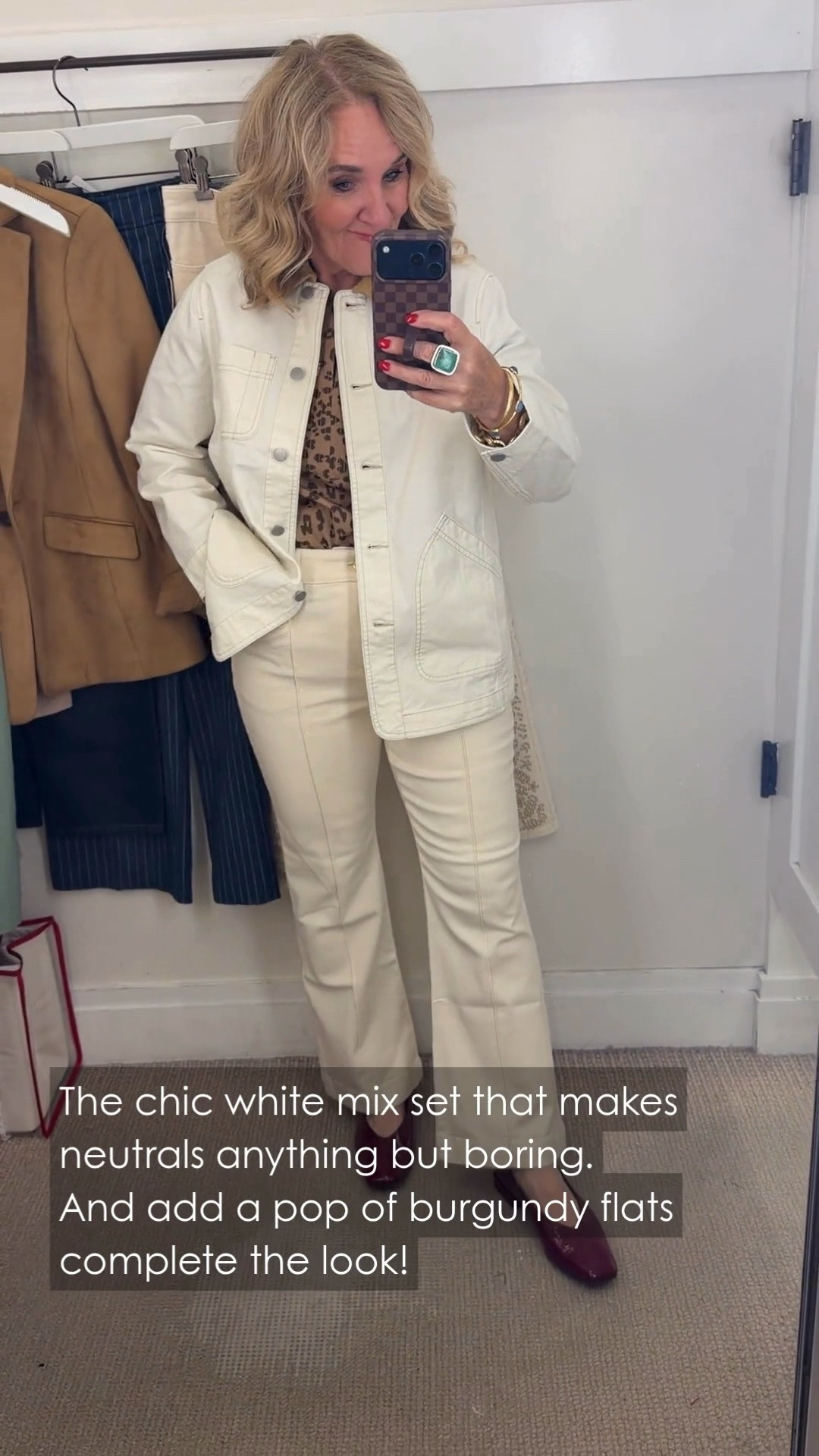 This cream utility jacket and matching pants make a polished monochromatic look. The leopard-print top and burgundy flats add just the right amount of contrast.

💡 LTK MADE EASY
❤️ Heart = Support my posts!
🔖 Save = Get sale & restock alerts
📋 Lists = Keep favorites organized
📲 Share = Send lists and products to a friend. Hello, Christmas List!
💬 Comment = Ask me anything about what I'm wearing.:-)

#LTKootd #LTKWorkwear #LTKOver40