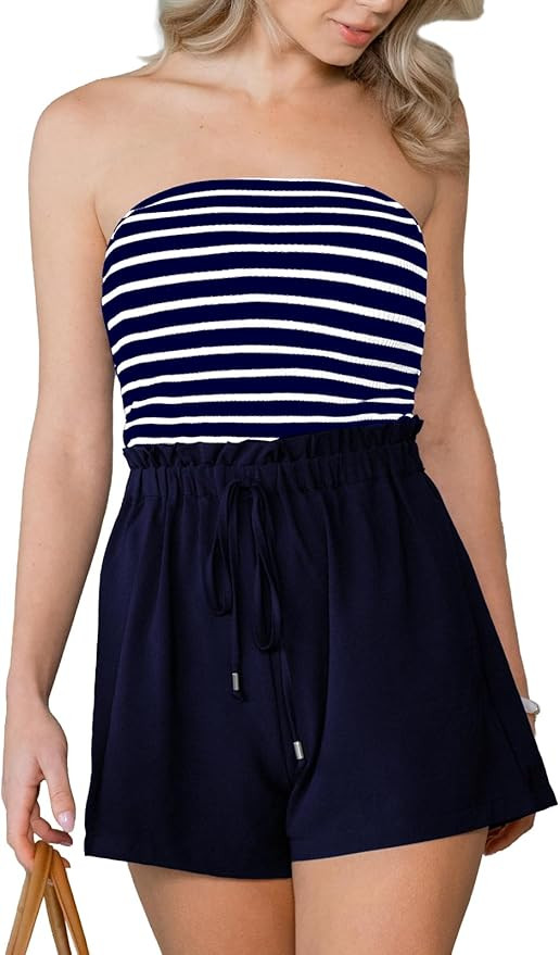 CUPSHE Women's Off Shoulder Romper Casual Stripe High Waist Drawstring Rompers | Amazon (US)