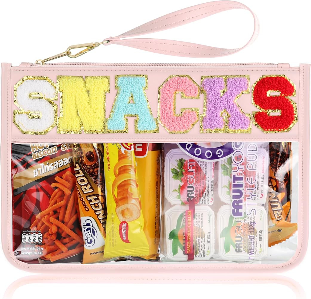 Snack Bag for Travel - Clear Chenille Varsity Letter Flat Pouch with Zipper, Waterproof Clear PVC... | Amazon (US)