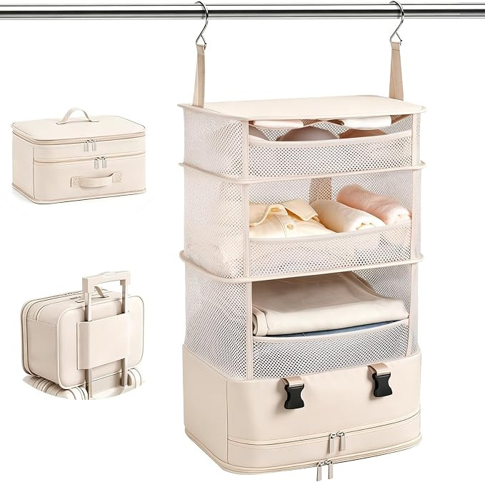 Hanging Closet Organizer and Storage with Upgraded 1.57" Hooks, Foldable Beige Mesh Shelves with ... | Amazon (US)