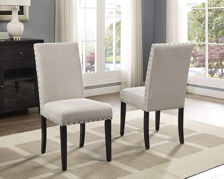 Roundhill Furniture Biony Tan Fabric Dining Chairs with Nailhead Trim, Set of 2, Brown, Tan | Amazon (US)