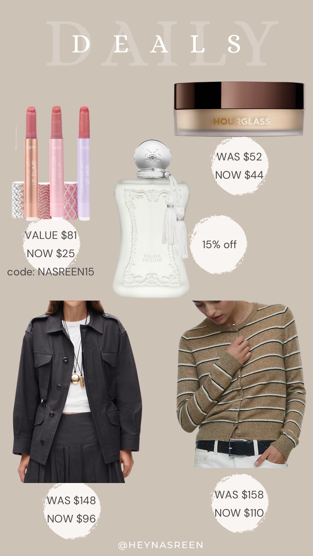 Daily deals on Tarte lip trio, Laura Mercier setting powder, Parfums De Marley, Anthropologie cashmere cardigan, J.Crew jacket