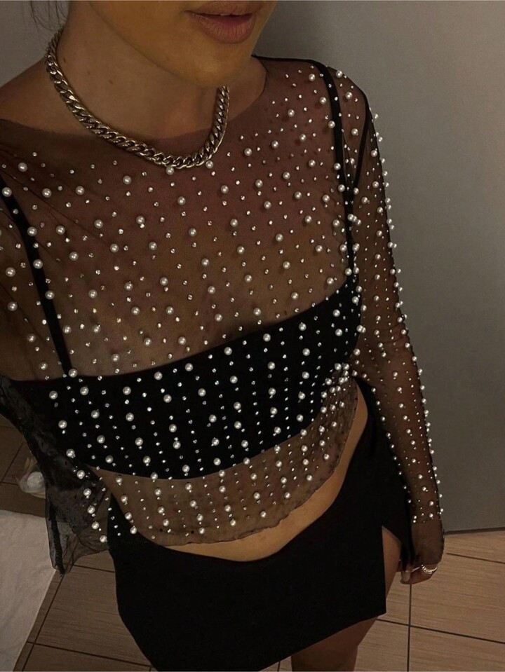 Apperloth A Festival Pearls Beaded Rhinestone Detail Sheer Mesh Crop Clubwear Cover Up Top Withou... | SHEIN